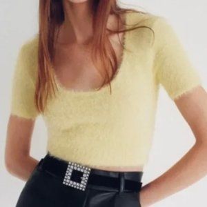 Zara Cropped Fuzzy Short Sleeve Sweater NWT